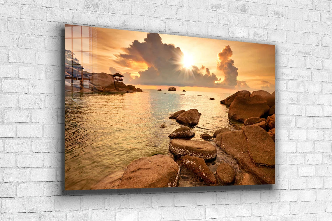 Rocky Seascape Sunset Print Tempered Glass Wall Art 100% Made in Australia Ready to Hang