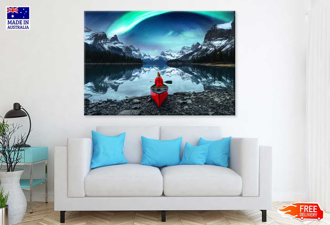 Woman on Canoe in Aurora Borealis Photograph Print 100% Australian Made