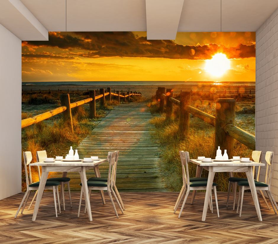 Wallpaper Murals Peel and Stick Removable Wooden Path to Beach at Sunset Photograph High Quality