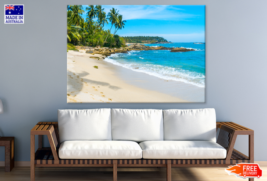 Palm Trees With Rock On Sea Shore & Sea View Print 100% Australian Made