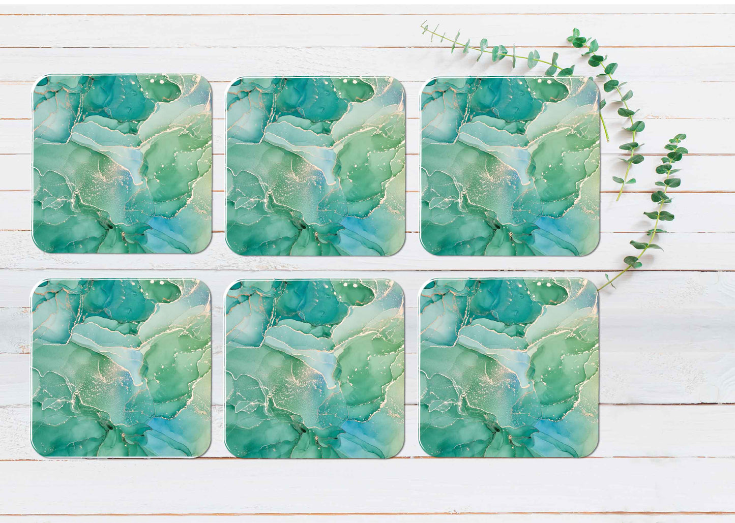 Blur Green & Gold Splash Abstract Ink Coasters Wood & Rubber - Set of 6 Coasters