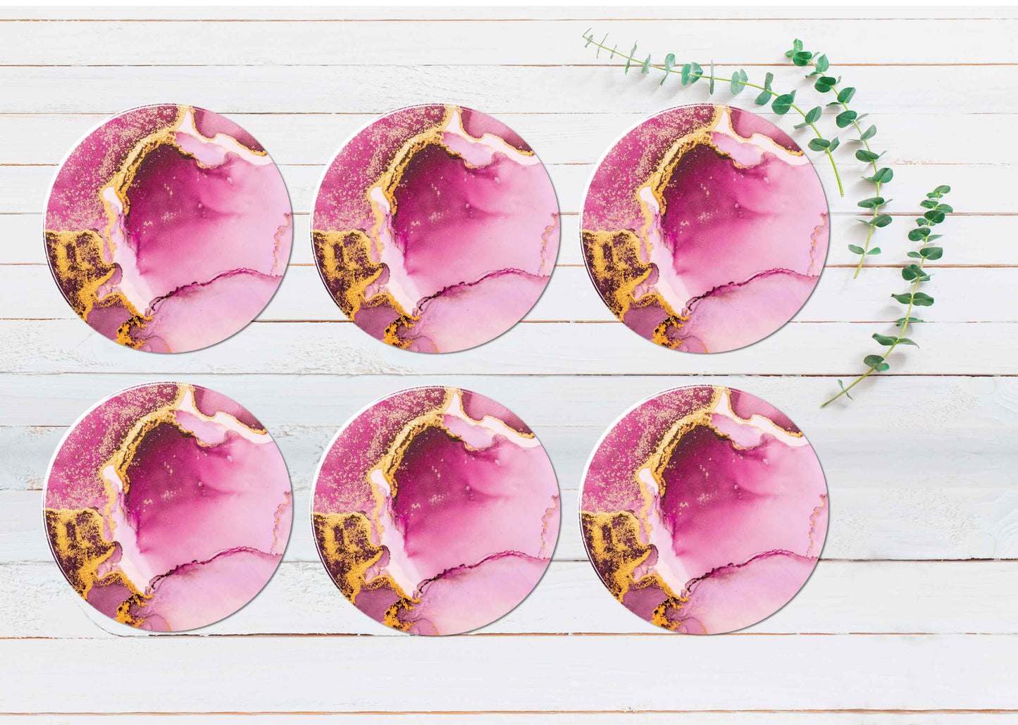 Pink Gold Splash Marble Ink Abstract Coasters Wood & Rubber - Set of 6 Coasters