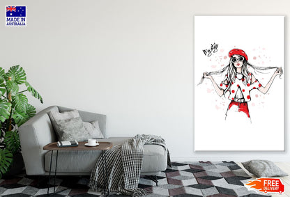 Stylish Girl With Red Dress & Hat Illustration Print 100% Australian Made