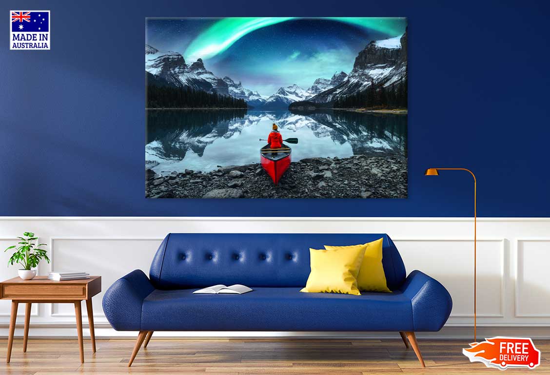 Woman on Canoe in Aurora Borealis Photograph Print 100% Australian Made