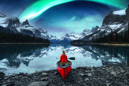 Woman on Canoe in Aurora Borealis Photograph Home Decor Premium Quality Poster Print Choose Your Sizes