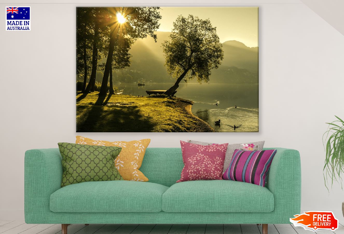 Trees & Lake with Boat Sunset Photograph Print 100% Australian Made