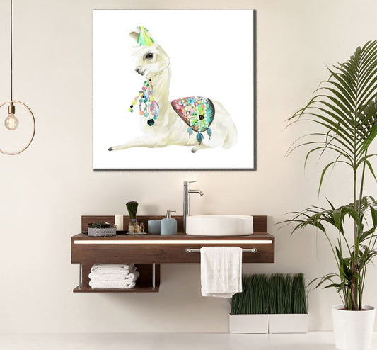 Square Canvas Llama with Colourful Cloth on Back High Quality Print 100% Australian Made