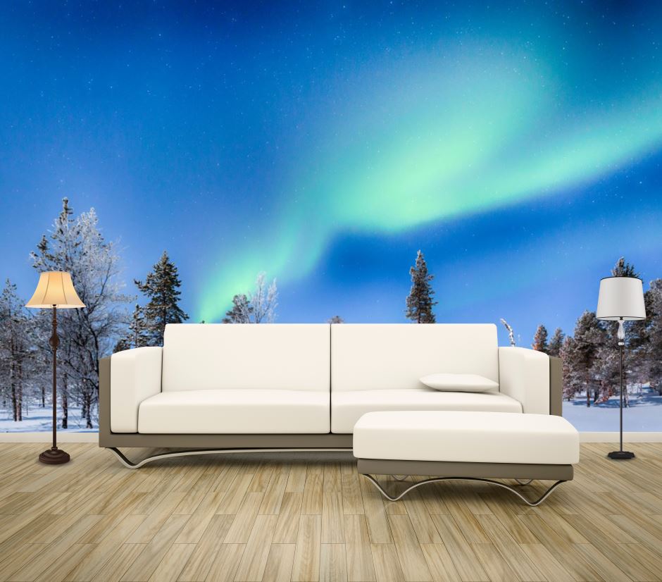 Wallpaper Murals Peel and Stick Removable Aurora in Snow Forest High Quality