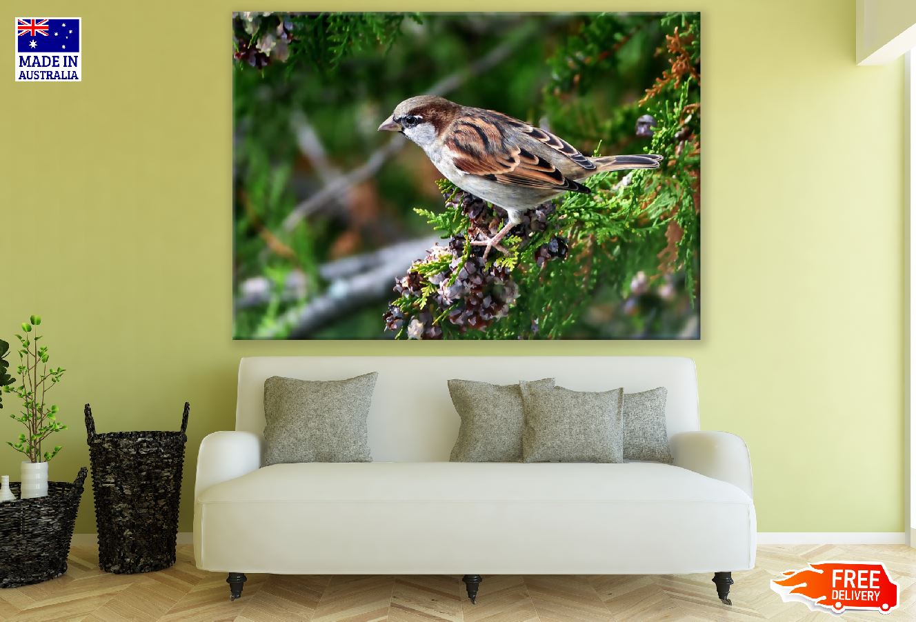 Sparrow Bird on Tree Closeup Photograph Print 100% Australian Made