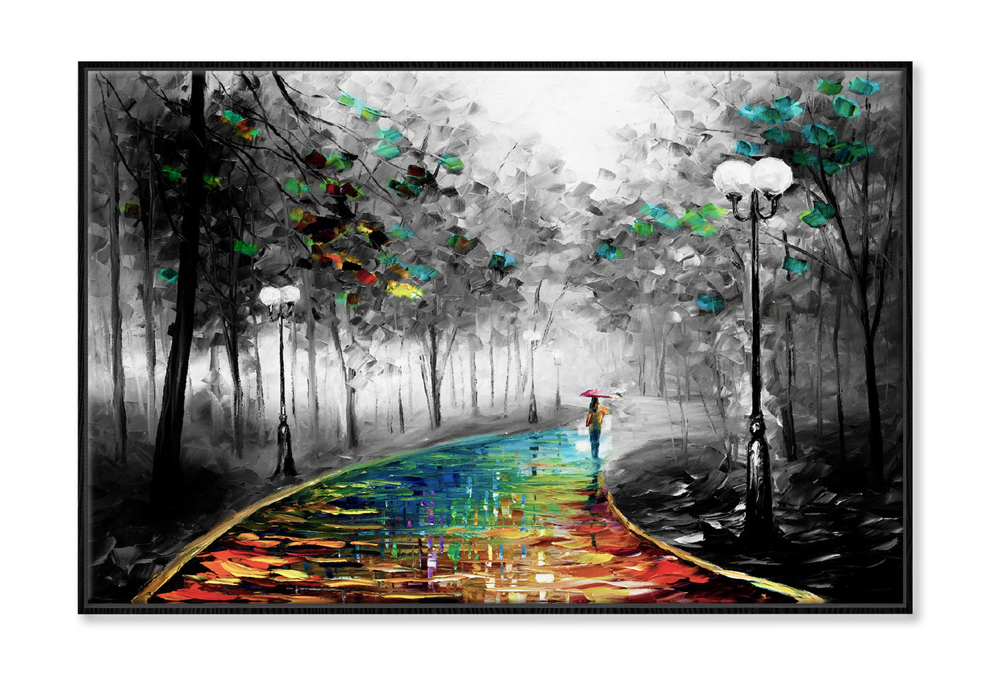 Girl Walking on Colorful Road B&W Forest Painting Wall Art Limited Edition High Quality Print Canvas Box Framed Black