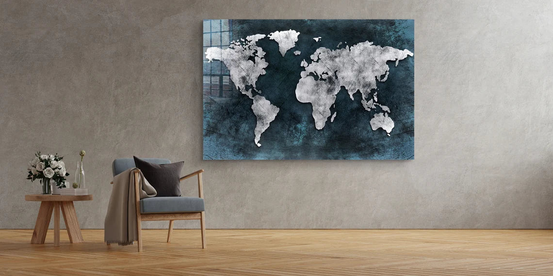 Silver World Map Vector Print Tempered Glass Wall Art 100% Made in Australia Ready to Hang