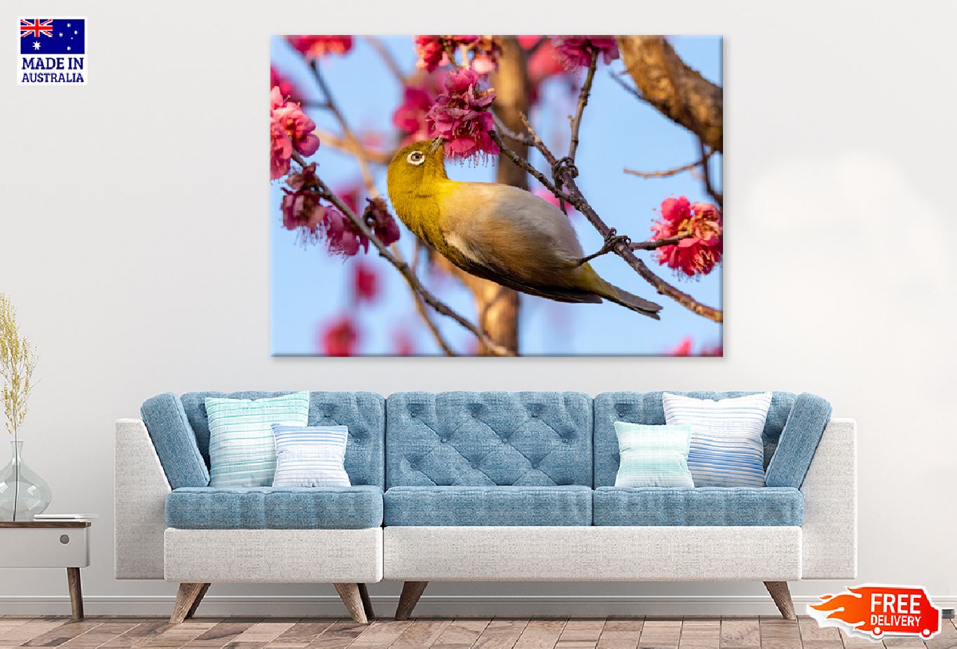 Red Plum Flower & White Eye Bird Photograph Print 100% Australian Made