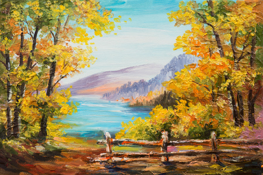 Autumn Trees & Lake Scenery Oil Painting Print 100% Australian Made