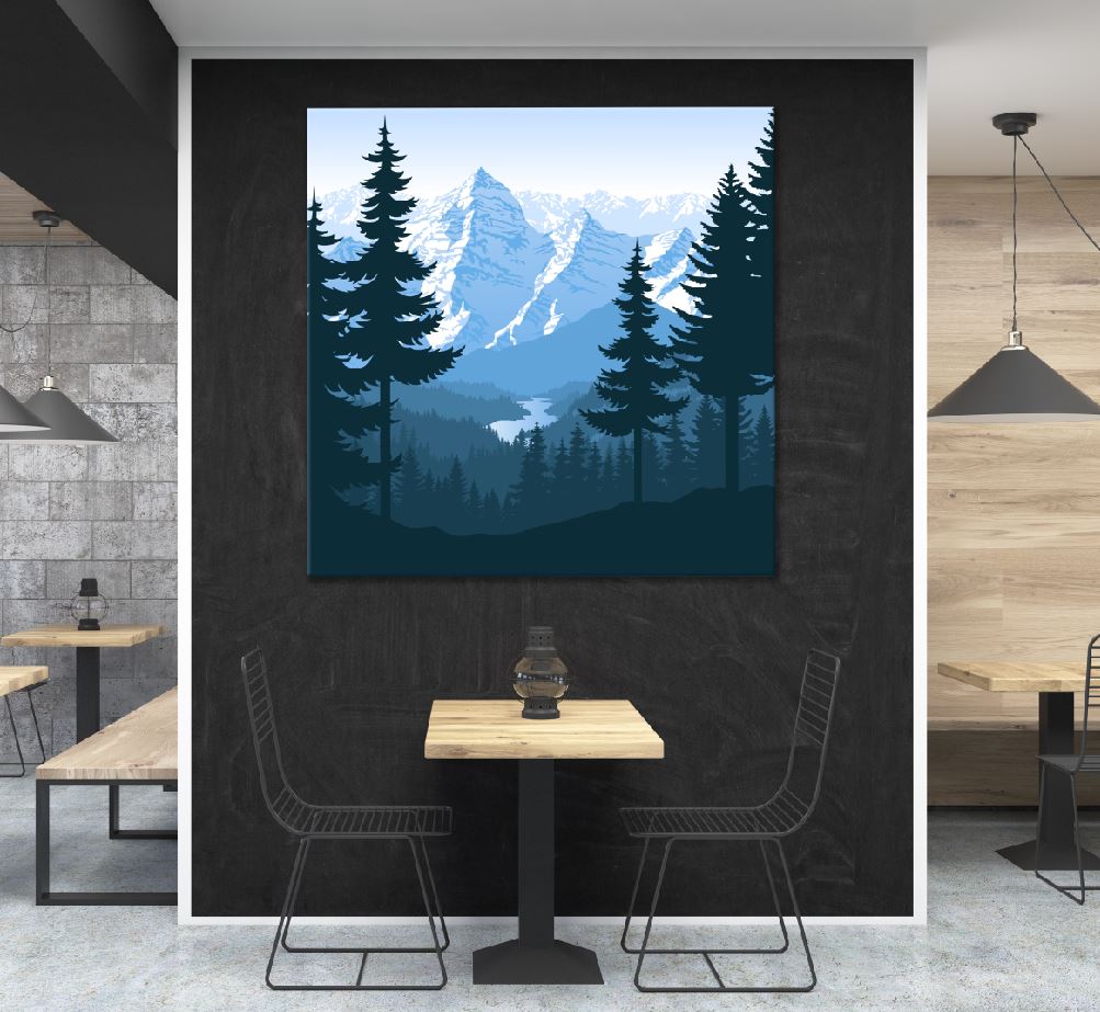 Square Canvas Snow Mountain & Trees Vector Art High Quality Print 100% Australian Made