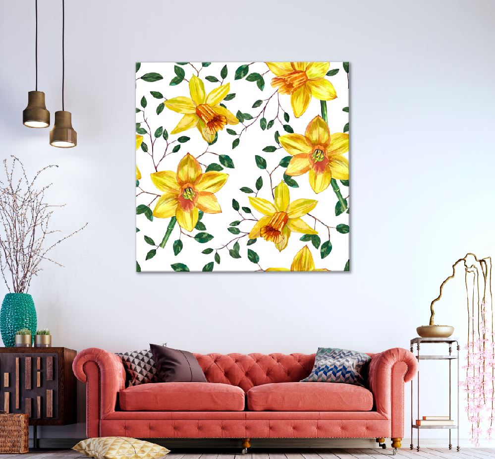 Square Canvas Yellow Daffodils & Leaves Vector Art High Quality Print 100% Australian Made