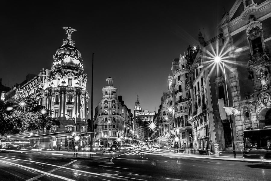 Madrid City Night B&W View Photograph Print 100% Australian Made