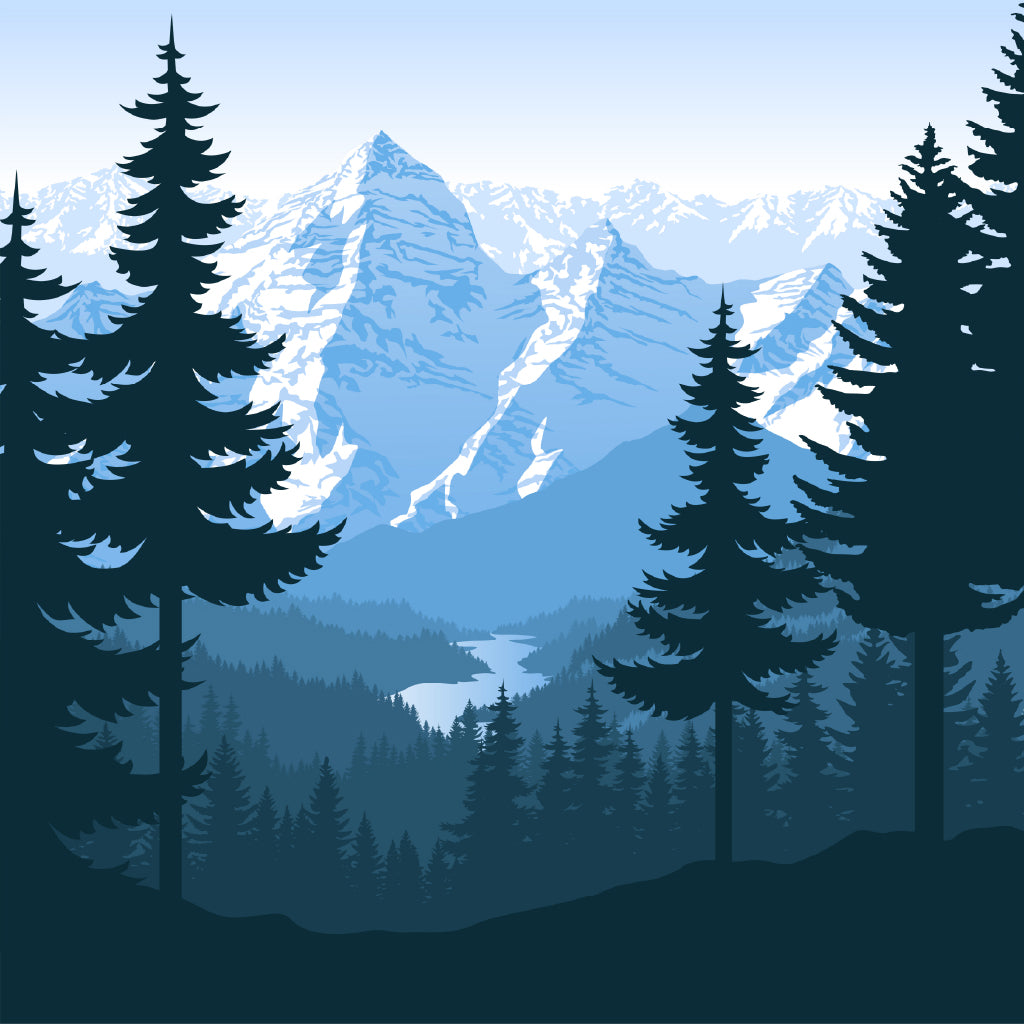 Square Canvas Snow Mountain & Trees Vector Art High Quality Print 100% Australian Made