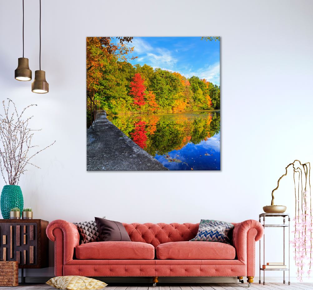 Square Canvas Lake with Autumn Trees View Photograph High Quality Print 100% Australian Made