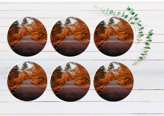 Autumnal Forest & Road Coasters Wood & Rubber - Set of 6 Coasters