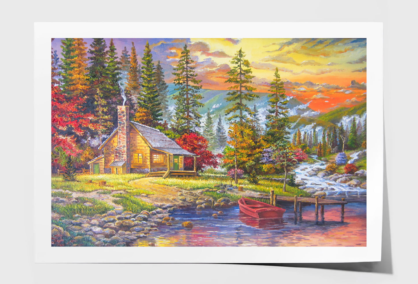 Boat on Lake near House & Forest Trees Oil Painting Wall Art Limited Edition High Quality Print Unframed Roll Canvas None