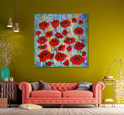 Square Canvas Red Flowers Oil Painting Design High Quality Print 100% Australian Made