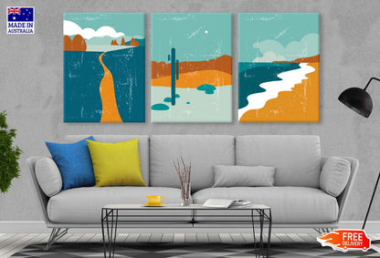 3 Set of Desert Field Vector Illustration High Quality Print 100% Australian Made Wall Canvas Ready to Hang