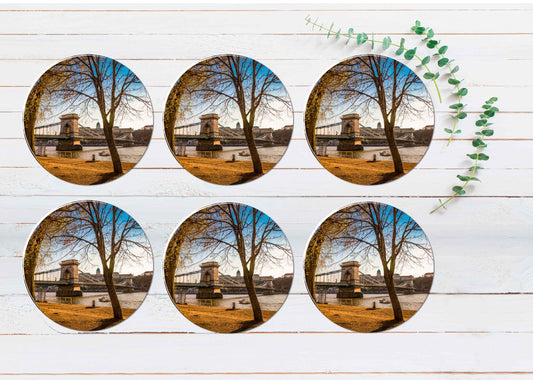 Sunset View With Chain Bridge in Hungary Coasters Wood & Rubber - Set of 6 Coasters