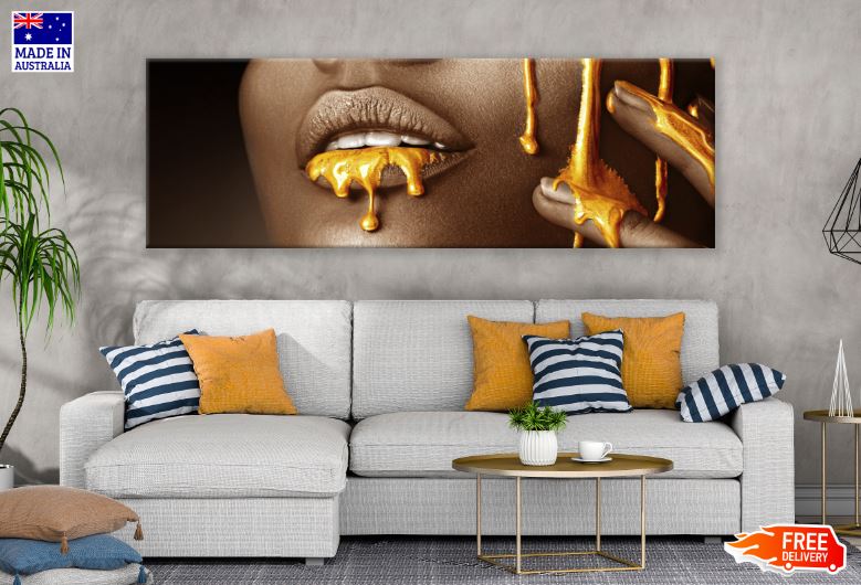 Panoramic Canvas Girl Portrait with Golden Make Up Fashion Photograph High Quality 100% Australian Made Wall Canvas Print Ready to Hang