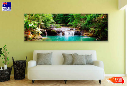 Panoramic Canvas Erawan Waterfall in The Forest High Quality 100% Australian Made Wall Canvas Print Ready to Hang