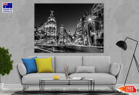 Madrid City Night B&W View Photograph Print 100% Australian Made