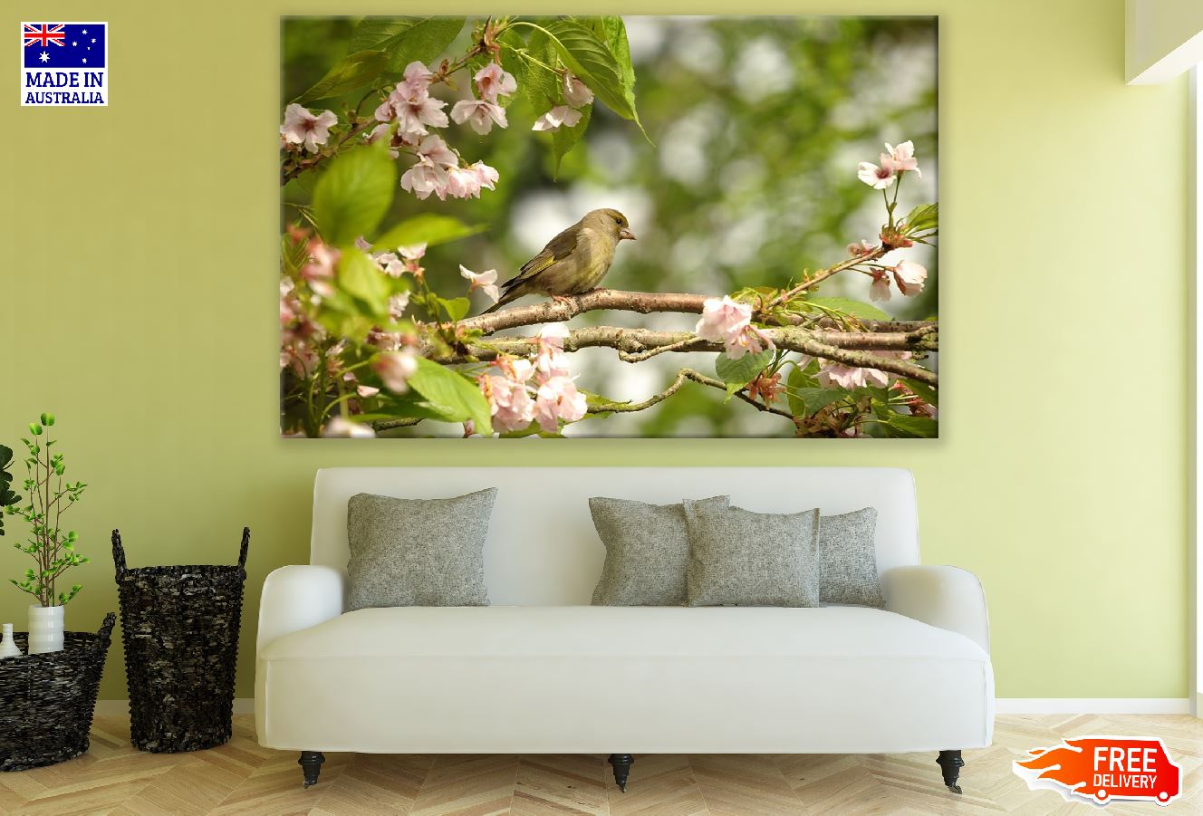 Greenfinch Bird on Blossom Flower Branch Photograph Print 100% Australian Made