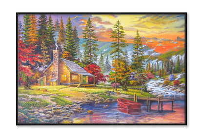 Boat on Lake near House & Forest Trees Oil Painting Wall Art Limited Edition High Quality Print Canvas Box Framed Black