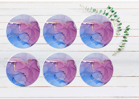Blue Pink Gold Splash Abstract Coasters Wood & Rubber - Set of 6 Coasters