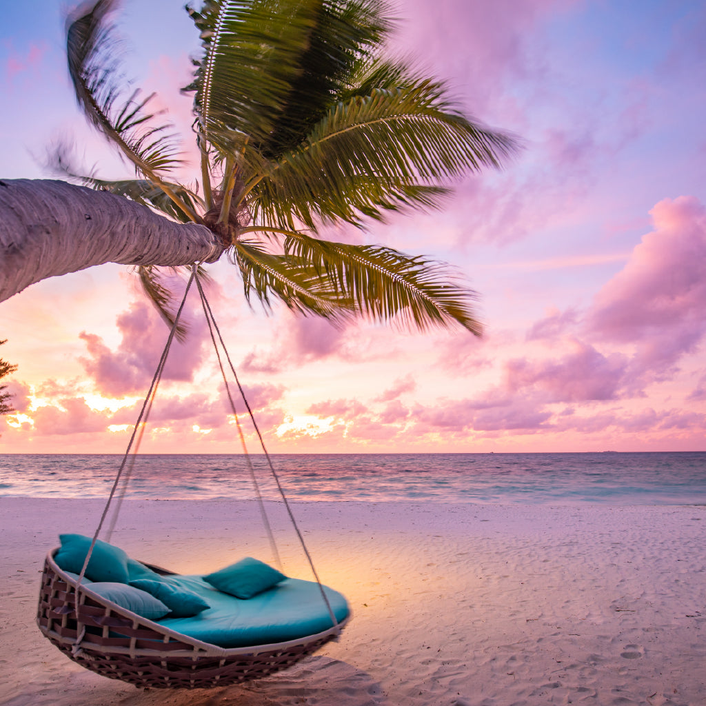 Square Canvas Sunset Beach Swing with Palm Tree Photograph High Quality Print 100% Australian Made