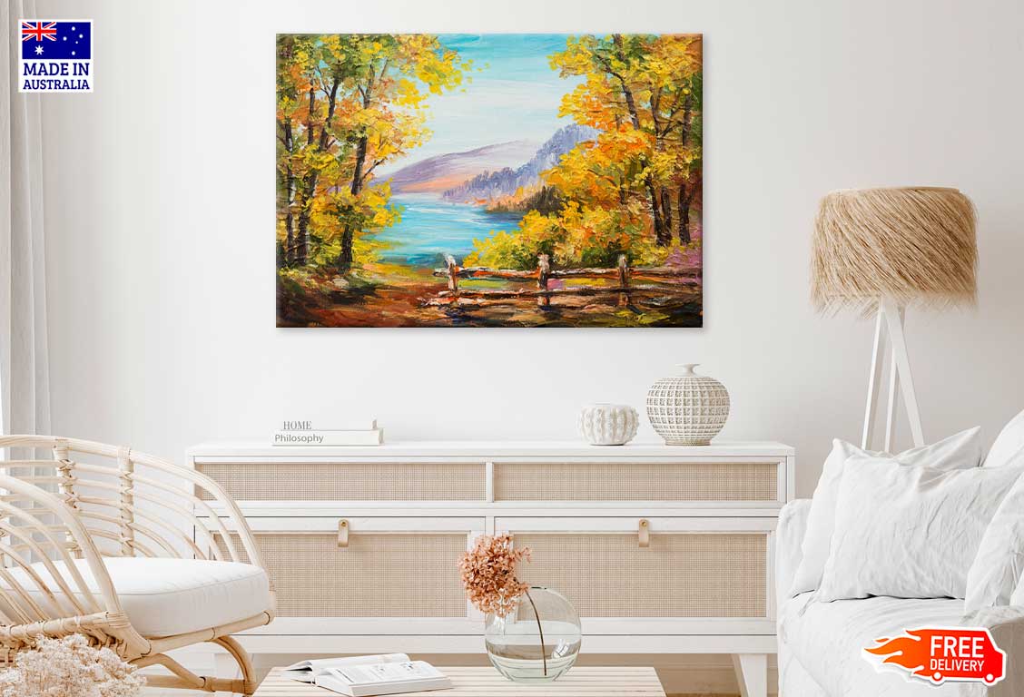 Autumn Trees & Lake Scenery Oil Painting Print 100% Australian Made