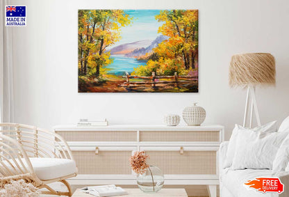 Autumn Trees & Lake Scenery Oil Painting Print 100% Australian Made