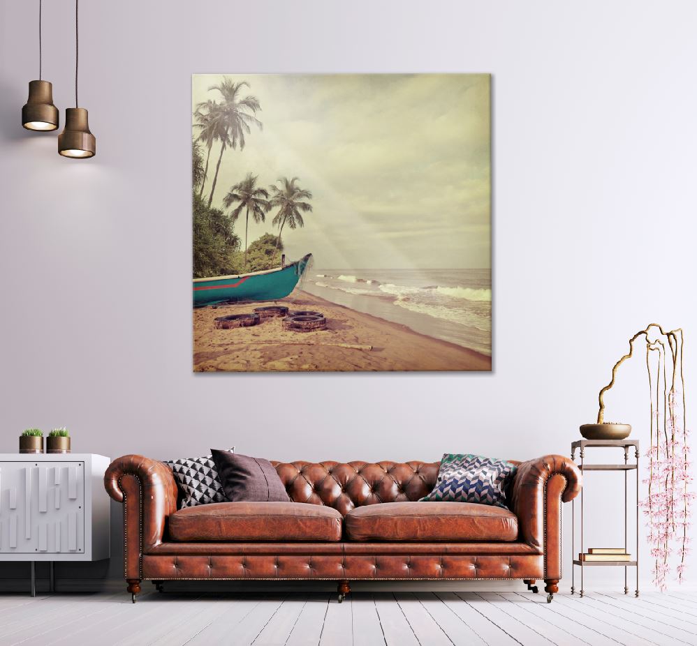 Square Canvas Boat on Sandy Beach Vintage Photograph High Quality Print 100% Australian Made