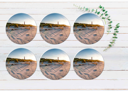 Lighthouse & Sand Dunes Beach View Coasters Wood & Rubber - Set of 6 Coasters