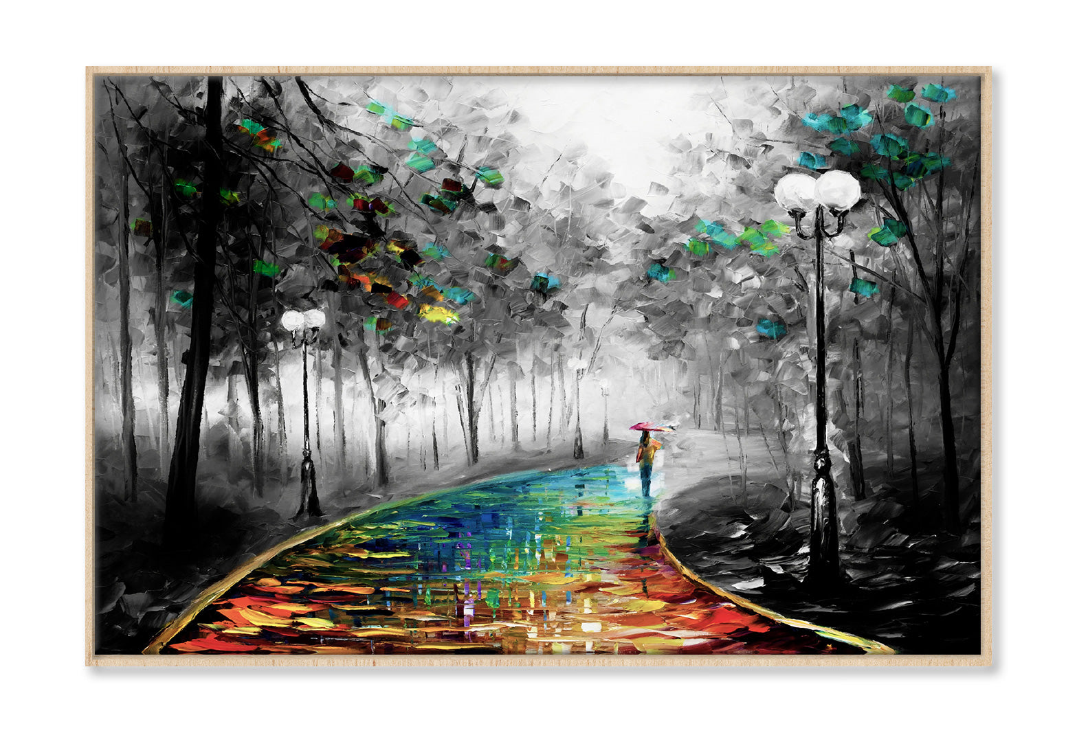 Girl Walking on Colorful Road B&W Forest Painting Wall Art Limited Edition High Quality Print Canvas Box Framed Natural