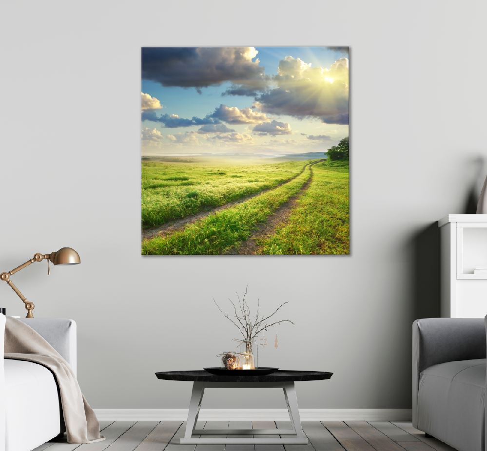 Square Canvas Grass Road Lane & Cloudy Sky View High Quality Print 100% Australian Made