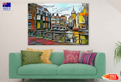 Bicycles Near Building Abstract Painting Print 100% Australian Made