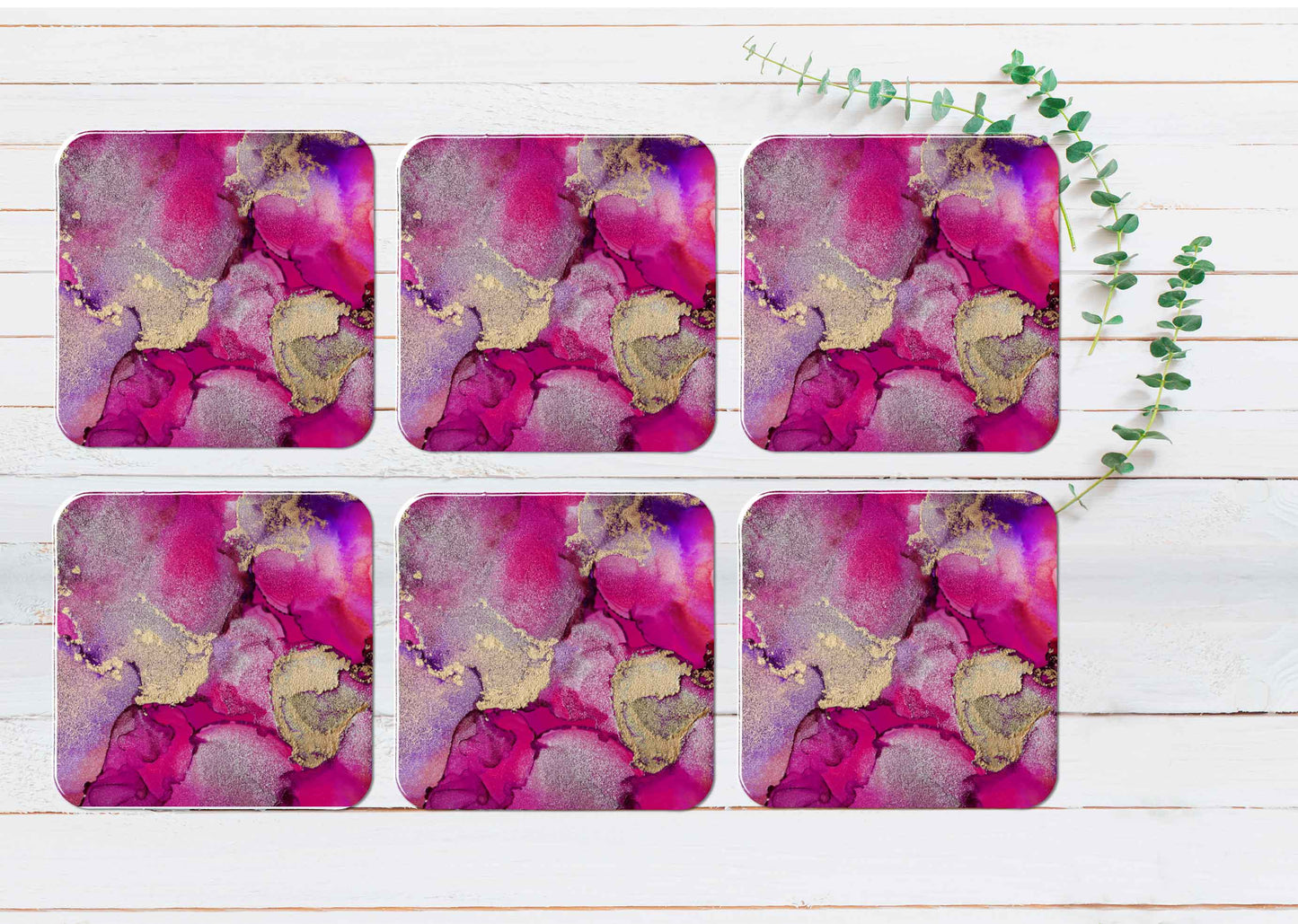 Pink & Gold Splashes Abstract Design Coasters Wood & Rubber - Set of 6 Coasters