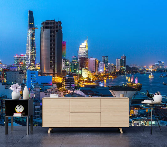 Wallpaper Murals Peel and Stick Removable Top View of Ho Chi Minh City at Night Time, Vietnam High Quality