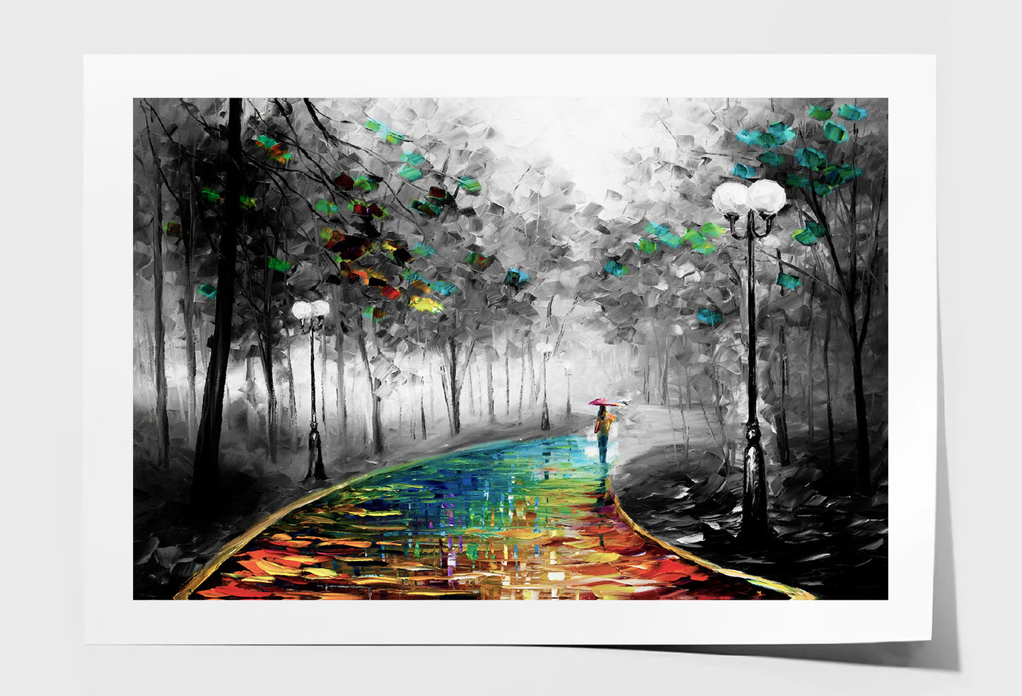 Girl Walking on Colorful Road B&W Forest Painting Wall Art Limited Edition High Quality Print Unframed Roll Canvas None