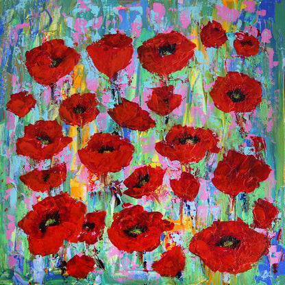 Square Canvas Red Flowers Oil Painting Design High Quality Print 100% Australian Made