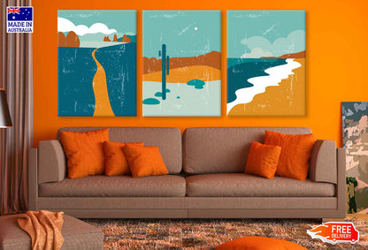 3 Set of Desert Field Vector Illustration High Quality Print 100% Australian Made Wall Canvas Ready to Hang