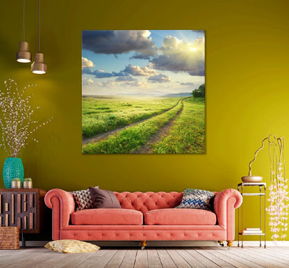 Square Canvas Grass Road Lane & Cloudy Sky View High Quality Print 100% Australian Made