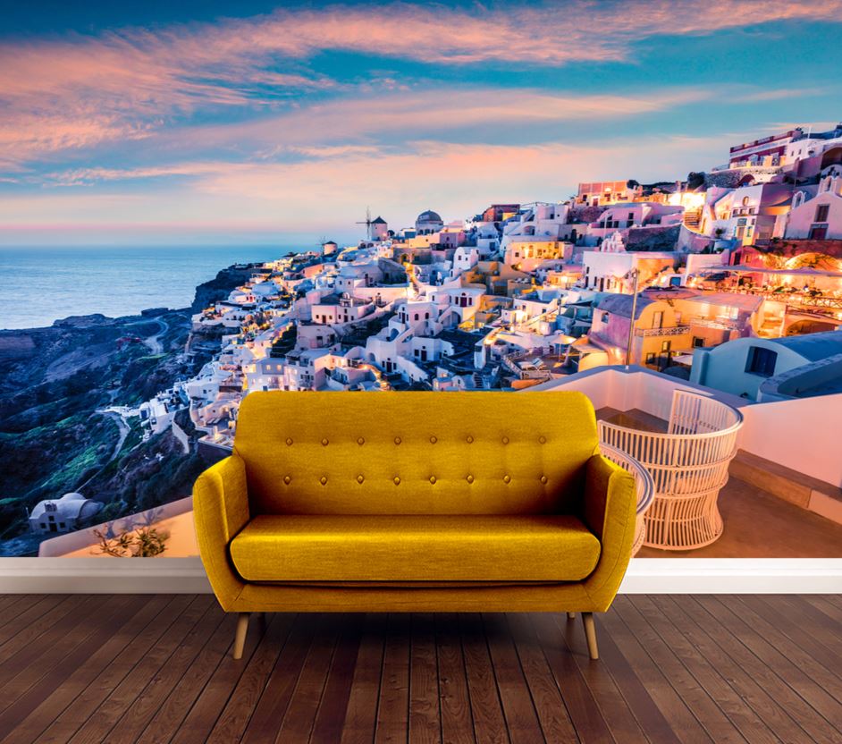 Wallpaper Murals Peel and Stick Removable Greek Resort Oia Evening view of Santorini Iisland High Quality