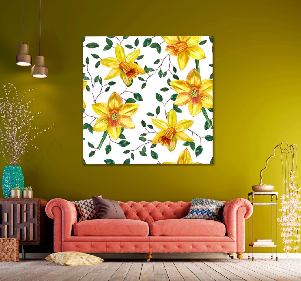 Square Canvas Yellow Daffodils & Leaves Vector Art High Quality Print 100% Australian Made