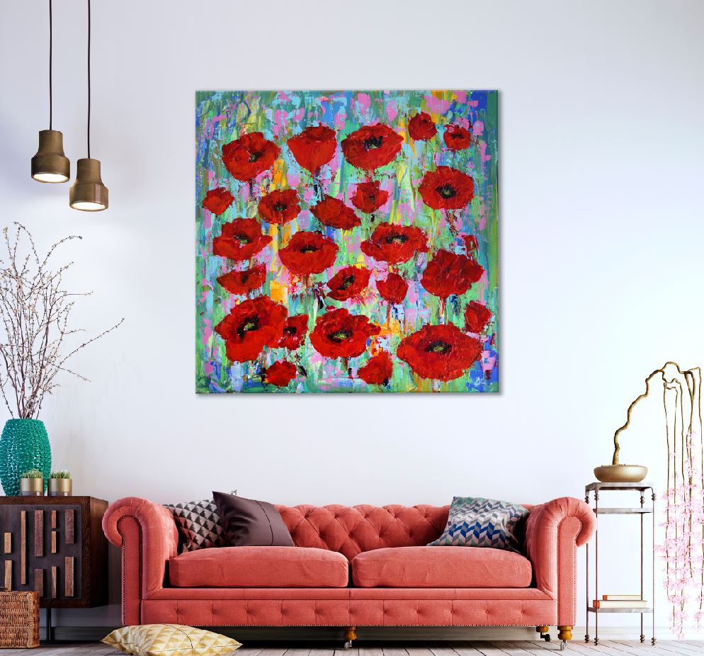 Square Canvas Red Flowers Oil Painting Design High Quality Print 100% Australian Made